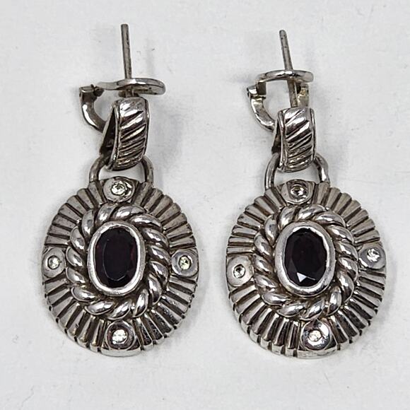 Antique Art Deco Sterling Silver Garnet & Diamond Accent Earrings